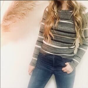NEW BANANA REPUBLIC Grey Black White Striped Crew Neck Pullover Sweater Small S